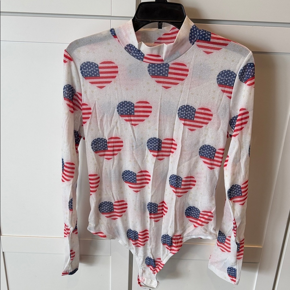 Flag Heart Print Mock Neck Bodysuit - Red, White & Blue